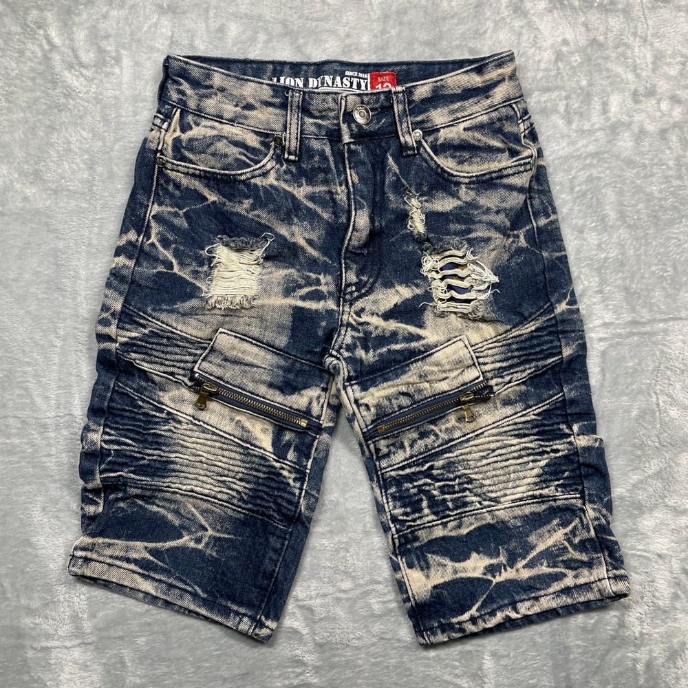 Lion Dynasty Moto Denim Shorts Kids Size 12 Blue Acid Wash Distressed Biker